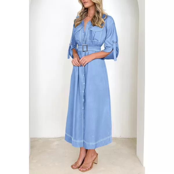 imagePRETTYGARDEN Womens Maxi Shirt Dress Casual 34 Sleeve Button Down Lapel V Neck A Line Belted Long DressesSky Blue