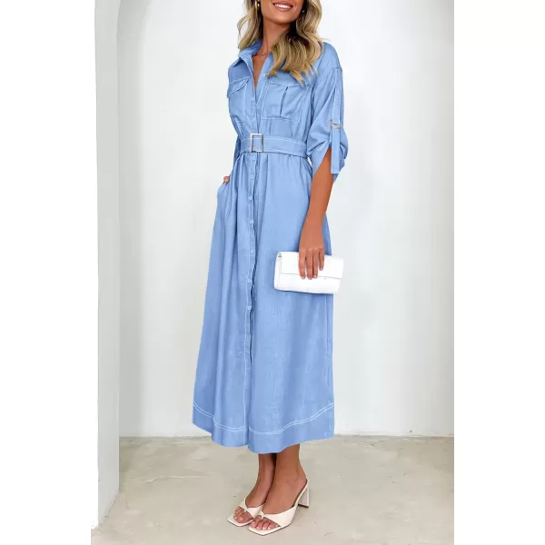imagePRETTYGARDEN Womens Maxi Shirt Dress Casual 34 Sleeve Button Down Lapel V Neck A Line Belted Long DressesSky Blue