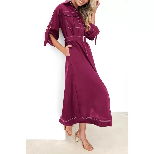 imagePRETTYGARDEN Womens Maxi Shirt Dress Casual 34 Sleeve Button Down Lapel V Neck A Line Belted Long DressesWine Red