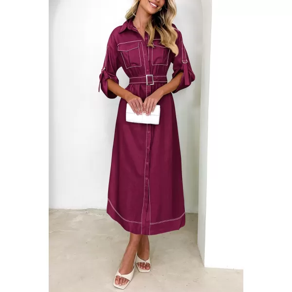 imagePRETTYGARDEN Womens Maxi Shirt Dress Casual 34 Sleeve Button Down Lapel V Neck A Line Belted Long DressesWine Red