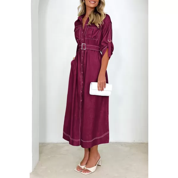 imagePRETTYGARDEN Womens Maxi Shirt Dress Casual 34 Sleeve Button Down Lapel V Neck A Line Belted Long DressesWine Red