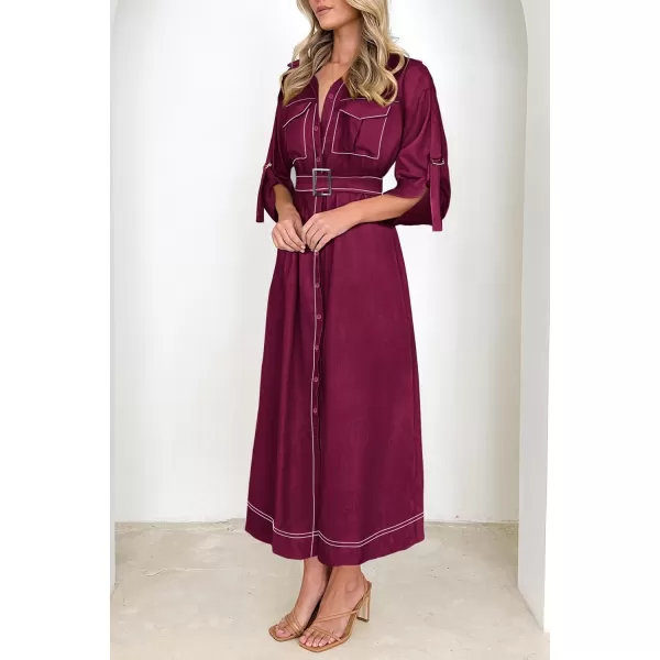 imagePRETTYGARDEN Womens Maxi Shirt Dress Casual 34 Sleeve Button Down Lapel V Neck A Line Belted Long DressesWine Red