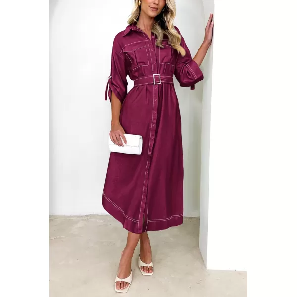 imagePRETTYGARDEN Womens Maxi Shirt Dress Casual 34 Sleeve Button Down Lapel V Neck A Line Belted Long DressesWine Red