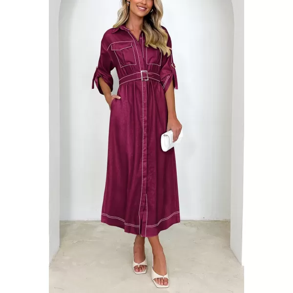 imagePRETTYGARDEN Womens Maxi Shirt Dress Casual 34 Sleeve Button Down Lapel V Neck A Line Belted Long DressesWine Red