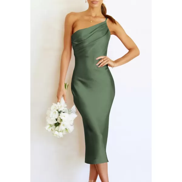 imagePRETTYGARDEN Womens Midi Satin Dress One Shoulder Spaghetti Strap Backless Ruched Summer Bodycon DressesArmy Green