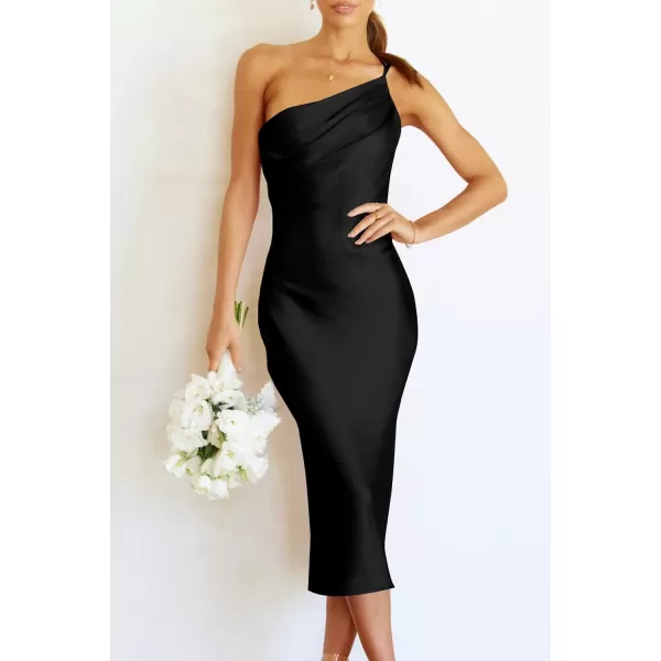 imagePRETTYGARDEN Womens Midi Satin Dress One Shoulder Spaghetti Strap Backless Ruched Summer Bodycon DressesBlack