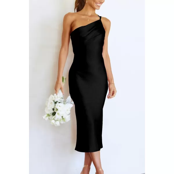 imagePRETTYGARDEN Womens Midi Satin Dress One Shoulder Spaghetti Strap Backless Ruched Summer Bodycon DressesBlack