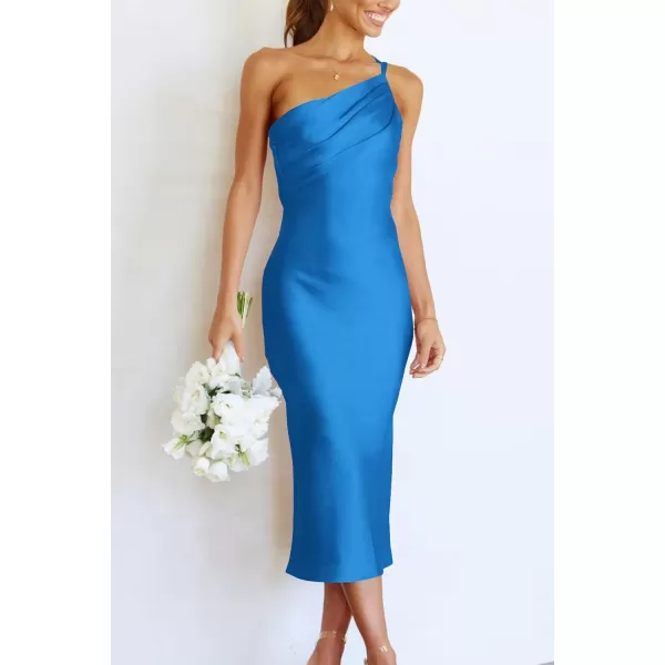 imagePRETTYGARDEN Womens Midi Satin Dress One Shoulder Spaghetti Strap Backless Ruched Summer Bodycon DressesBlue