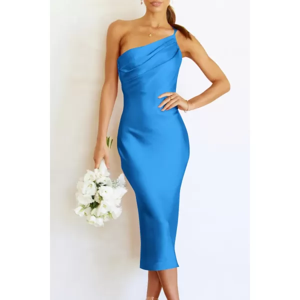 imagePRETTYGARDEN Womens Midi Satin Dress One Shoulder Spaghetti Strap Backless Ruched Summer Bodycon DressesBlue