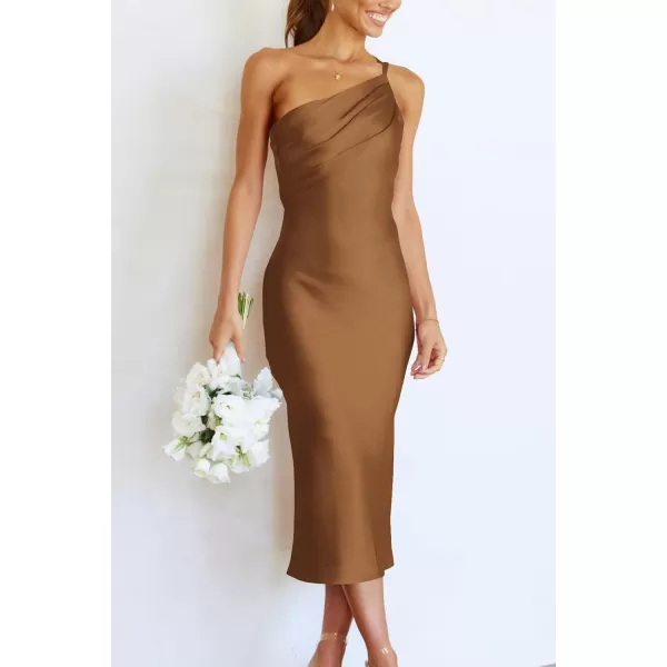 imagePRETTYGARDEN Womens Midi Satin Dress One Shoulder Spaghetti Strap Backless Ruched Summer Bodycon DressesBrown