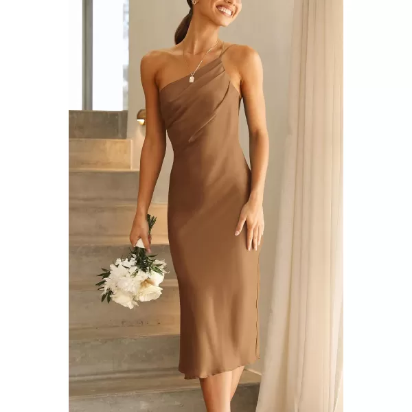 imagePRETTYGARDEN Womens Midi Satin Dress One Shoulder Spaghetti Strap Backless Ruched Summer Bodycon DressesBrown