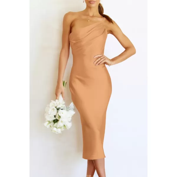 imagePRETTYGARDEN Womens Midi Satin Dress One Shoulder Spaghetti Strap Backless Ruched Summer Bodycon DressesChampagne