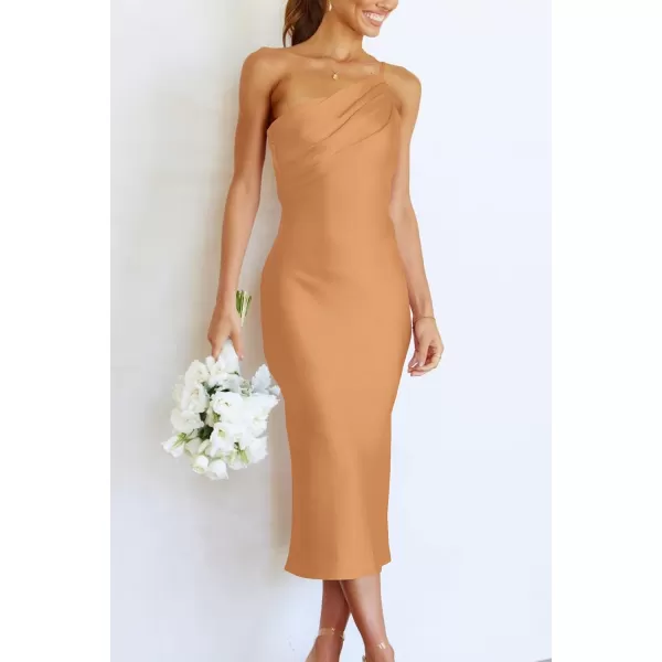 imagePRETTYGARDEN Womens Midi Satin Dress One Shoulder Spaghetti Strap Backless Ruched Summer Bodycon DressesChampagne