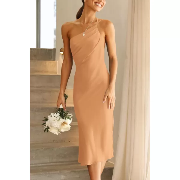 imagePRETTYGARDEN Womens Midi Satin Dress One Shoulder Spaghetti Strap Backless Ruched Summer Bodycon DressesChampagne