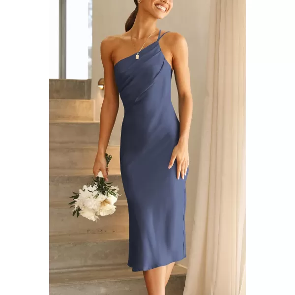 imagePRETTYGARDEN Womens Midi Satin Dress One Shoulder Spaghetti Strap Backless Ruched Summer Bodycon DressesDark Grey Blue