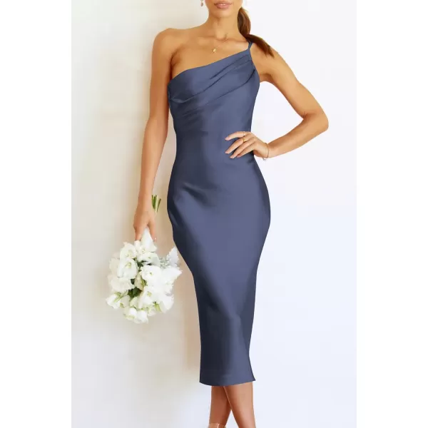 imagePRETTYGARDEN Womens Midi Satin Dress One Shoulder Spaghetti Strap Backless Ruched Summer Bodycon DressesDark Grey Blue