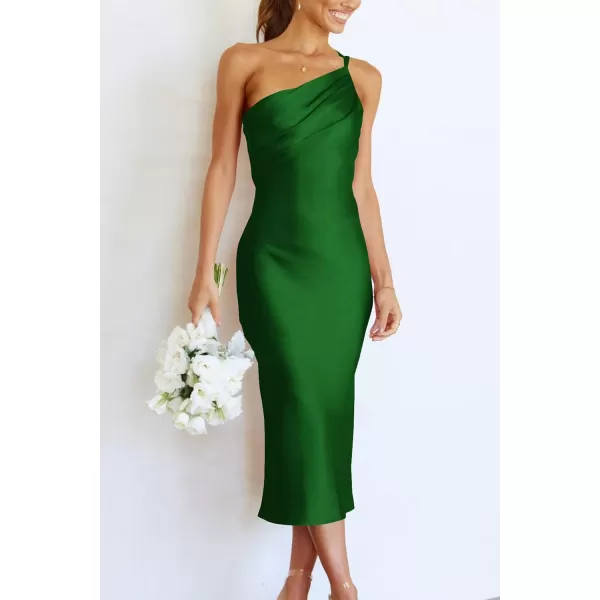 imagePRETTYGARDEN Womens Midi Satin Dress One Shoulder Spaghetti Strap Backless Ruched Summer Bodycon DressesGreen