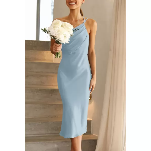 imagePRETTYGARDEN Womens Midi Satin Dress One Shoulder Spaghetti Strap Backless Ruched Summer Bodycon DressesLight Blue