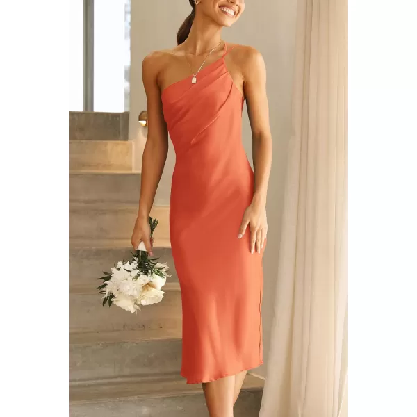 imagePRETTYGARDEN Womens Midi Satin Dress One Shoulder Spaghetti Strap Backless Ruched Summer Bodycon DressesOrange