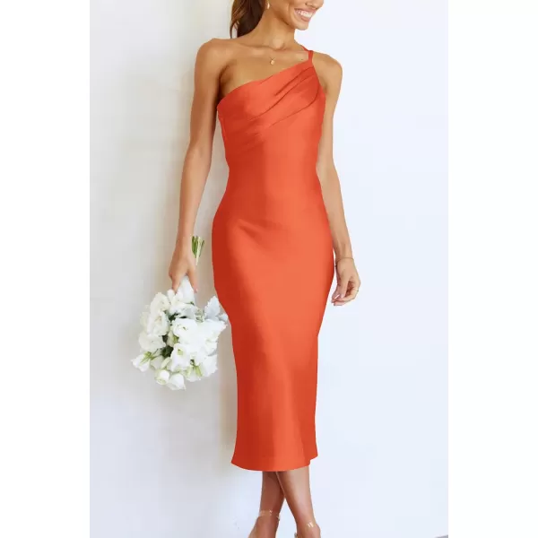 imagePRETTYGARDEN Womens Midi Satin Dress One Shoulder Spaghetti Strap Backless Ruched Summer Bodycon DressesOrange