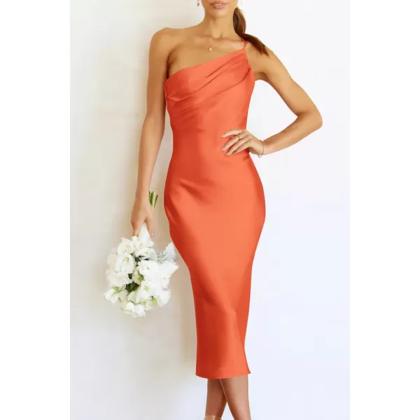 imagePRETTYGARDEN Womens Midi Satin Dress One Shoulder Spaghetti Strap Backless Ruched Summer Bodycon DressesOrange