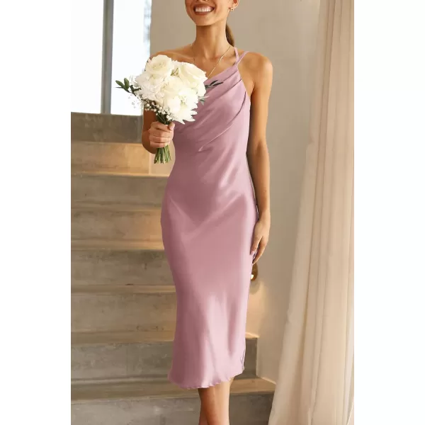imagePRETTYGARDEN Womens Midi Satin Dress One Shoulder Spaghetti Strap Backless Ruched Summer Bodycon DressesPink