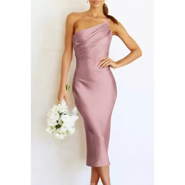 imagePRETTYGARDEN Womens Midi Satin Dress One Shoulder Spaghetti Strap Backless Ruched Summer Bodycon DressesPink