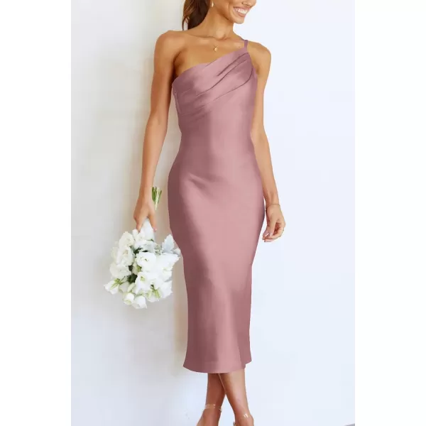 imagePRETTYGARDEN Womens Midi Satin Dress One Shoulder Spaghetti Strap Backless Ruched Summer Bodycon DressesPink