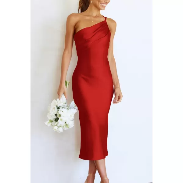 imagePRETTYGARDEN Womens Midi Satin Dress One Shoulder Spaghetti Strap Backless Ruched Summer Bodycon DressesRed