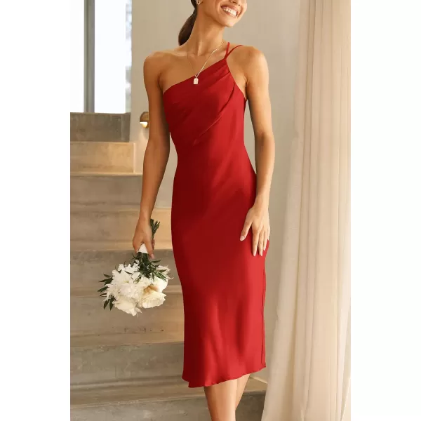 imagePRETTYGARDEN Womens Midi Satin Dress One Shoulder Spaghetti Strap Backless Ruched Summer Bodycon DressesRed