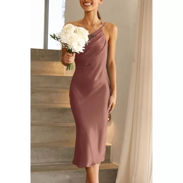 imagePRETTYGARDEN Womens Midi Satin Dress One Shoulder Spaghetti Strap Backless Ruched Summer Bodycon DressesRed Brown