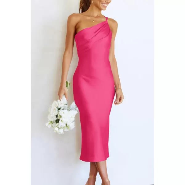 imagePRETTYGARDEN Womens Midi Satin Dress One Shoulder Spaghetti Strap Backless Ruched Summer Bodycon DressesRose Red