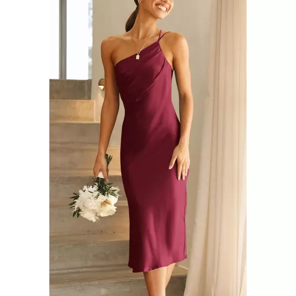 imagePRETTYGARDEN Womens Midi Satin Dress One Shoulder Spaghetti Strap Backless Ruched Summer Bodycon DressesWine Red