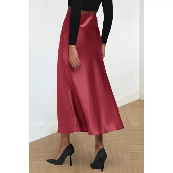 imagePRETTYGARDEN Womens Midi Satin Skirt Dressy Casual High Waisted A Line Flowy Ruffle Elegant Party SkirtsBean Paste Pink