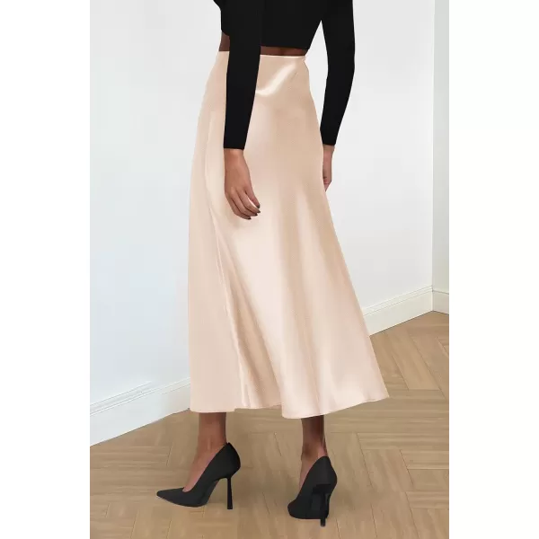 imagePRETTYGARDEN Womens Midi Satin Skirt Dressy Casual High Waisted A Line Flowy Ruffle Elegant Party SkirtsBeige