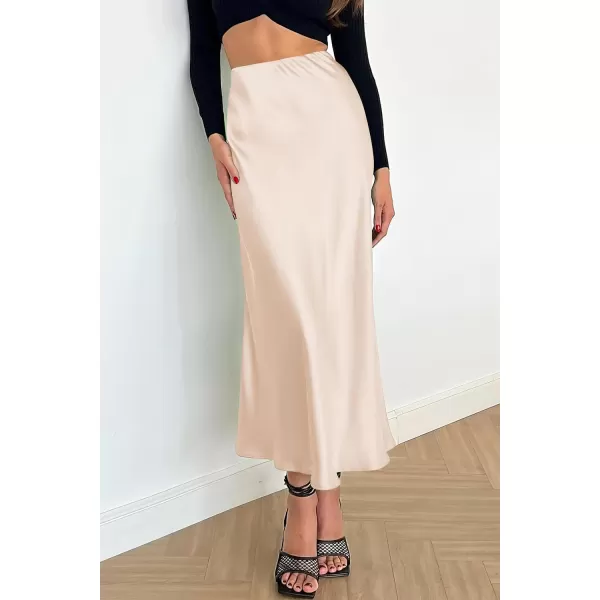 imagePRETTYGARDEN Womens Midi Satin Skirt Dressy Casual High Waisted A Line Flowy Ruffle Elegant Party SkirtsBeige
