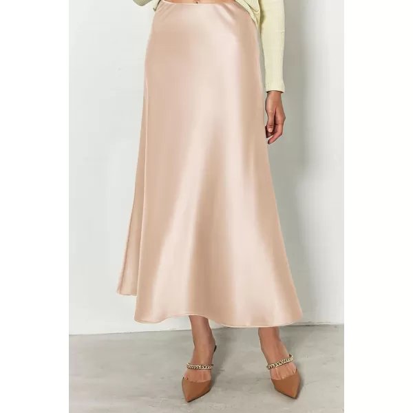 imagePRETTYGARDEN Womens Midi Satin Skirt Dressy Casual High Waisted A Line Flowy Ruffle Elegant Party SkirtsBeige