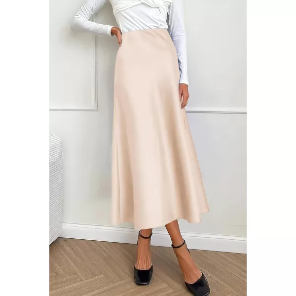 imagePRETTYGARDEN Womens Midi Satin Skirt Dressy Casual High Waisted A Line Flowy Ruffle Elegant Party SkirtsBeige