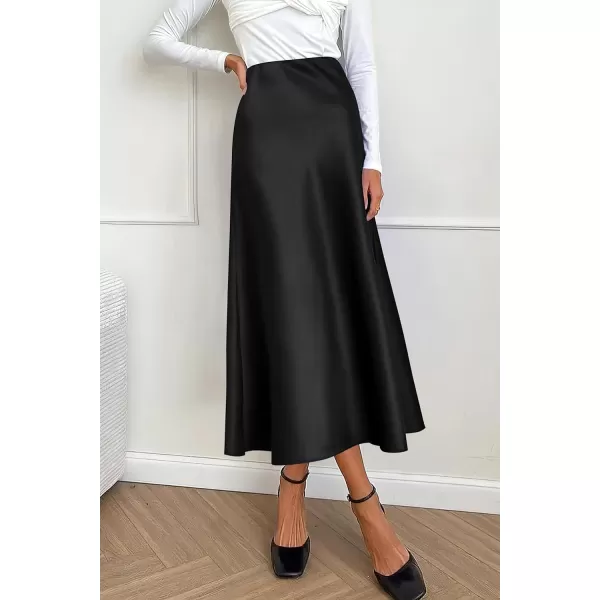 imagePRETTYGARDEN Womens Midi Satin Skirt Dressy Casual High Waisted A Line Flowy Ruffle Elegant Party SkirtsBlack