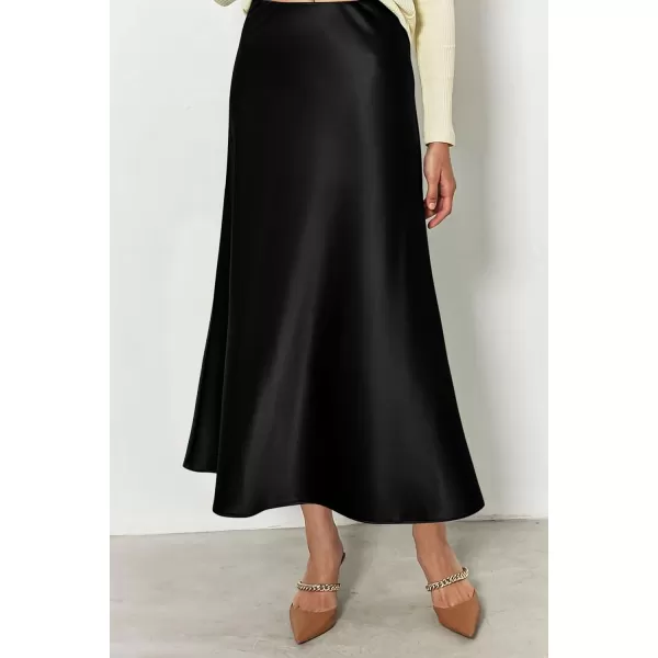 imagePRETTYGARDEN Womens Midi Satin Skirt Dressy Casual High Waisted A Line Flowy Ruffle Elegant Party SkirtsBlack