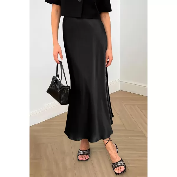 imagePRETTYGARDEN Womens Midi Satin Skirt Dressy Casual High Waisted A Line Flowy Ruffle Elegant Party SkirtsBlack