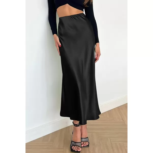 imagePRETTYGARDEN Womens Midi Satin Skirt Dressy Casual High Waisted A Line Flowy Ruffle Elegant Party SkirtsBlack