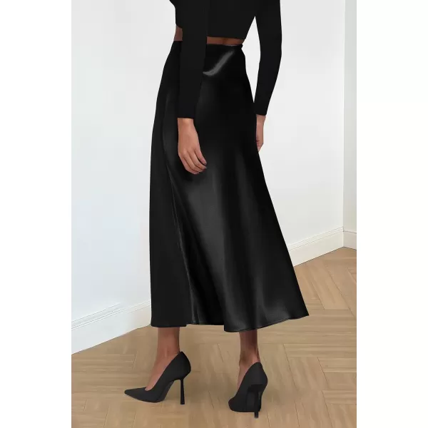 imagePRETTYGARDEN Womens Midi Satin Skirt Dressy Casual High Waisted A Line Flowy Ruffle Elegant Party SkirtsBlack