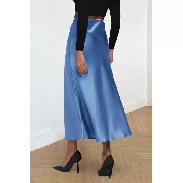 imagePRETTYGARDEN Womens Midi Satin Skirt Dressy Casual High Waisted A Line Flowy Ruffle Elegant Party SkirtsBlue