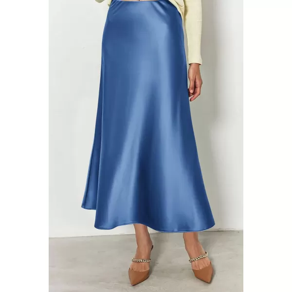 imagePRETTYGARDEN Womens Midi Satin Skirt Dressy Casual High Waisted A Line Flowy Ruffle Elegant Party SkirtsBlue