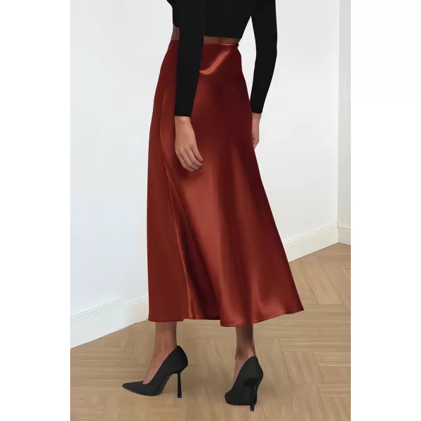 imagePRETTYGARDEN Womens Midi Satin Skirt Dressy Casual High Waisted A Line Flowy Ruffle Elegant Party SkirtsBrown