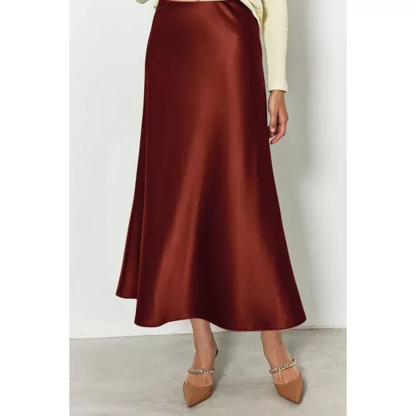 imagePRETTYGARDEN Womens Midi Satin Skirt Dressy Casual High Waisted A Line Flowy Ruffle Elegant Party SkirtsBrown