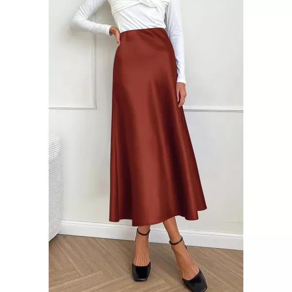 imagePRETTYGARDEN Womens Midi Satin Skirt Dressy Casual High Waisted A Line Flowy Ruffle Elegant Party SkirtsBrown