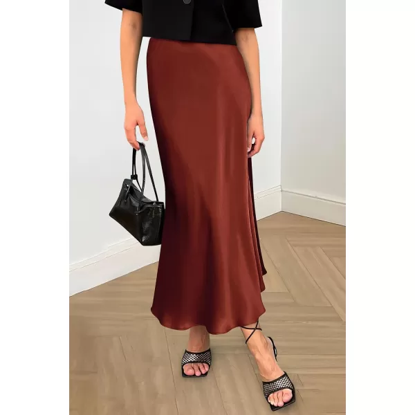 imagePRETTYGARDEN Womens Midi Satin Skirt Dressy Casual High Waisted A Line Flowy Ruffle Elegant Party SkirtsBrown