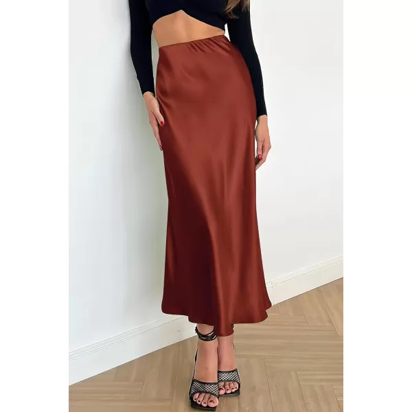 imagePRETTYGARDEN Womens Midi Satin Skirt Dressy Casual High Waisted A Line Flowy Ruffle Elegant Party SkirtsBrown